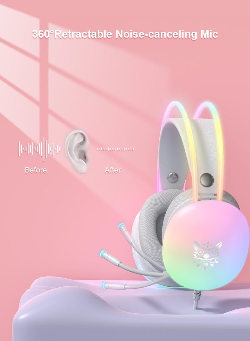 سماعة ألعاب سلكية بميكروفون قوس قزح RGB لأجهزة PS4/PS5/MAC/XBOX/الكمبيوتر المحمول، سماعات رأس صوت خفيفة الوزن 3.5 مم فوق الأذن، صوت محيطي ستيريو، عصابة رأس قابلة للتعديل تلقائيًا - Image 4